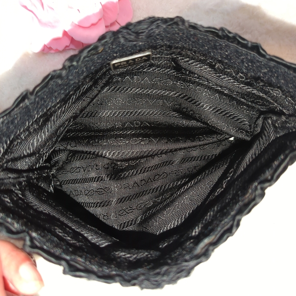 Prada Black Satin Pouch Authentic Converted To Shoulder Bag Edgy Silver Chain - Picture 3 of 11